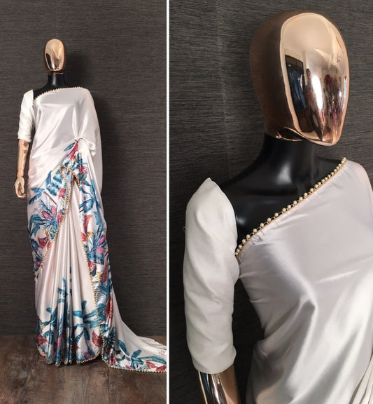 White floral printed pearl lace border saree