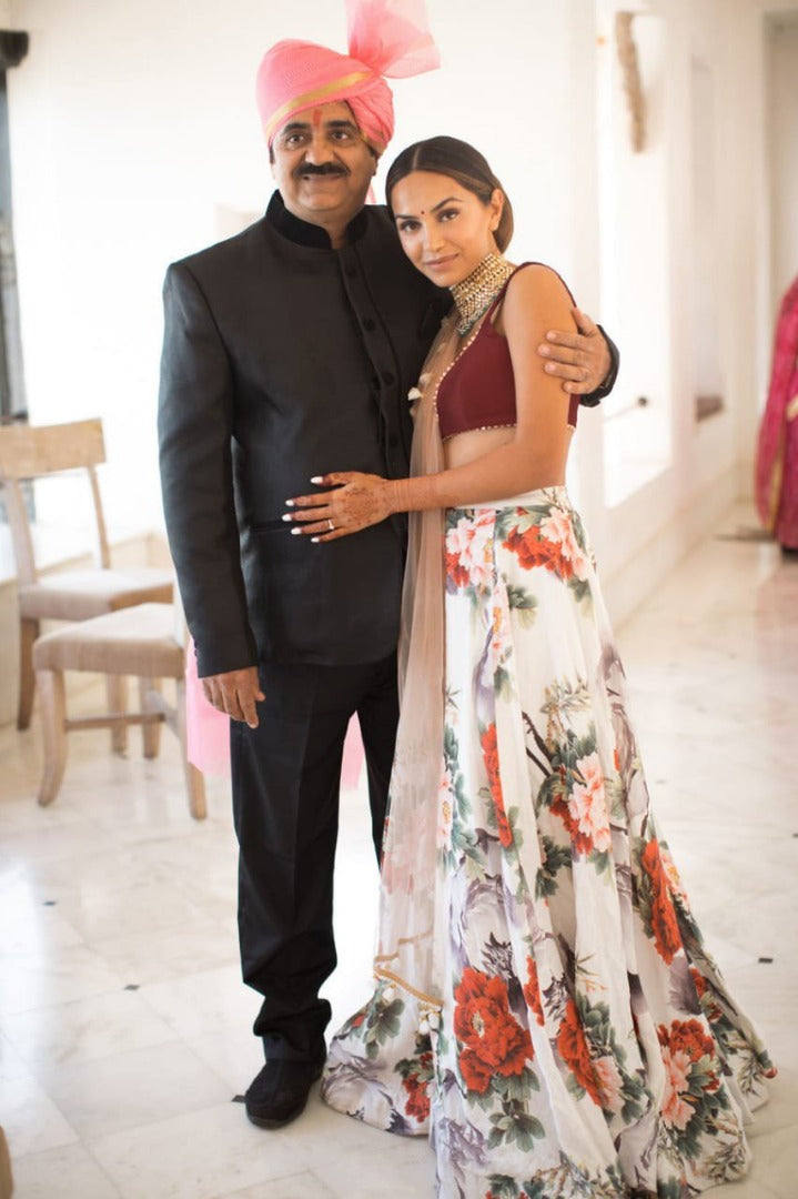 White floral printed satin banglori lehenga choli for ceremony