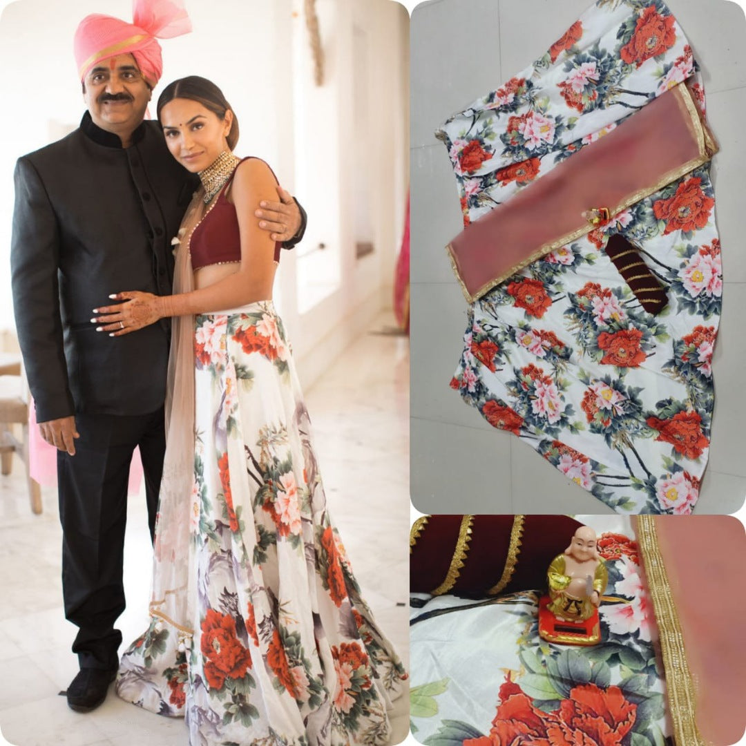 White floral printed satin banglori lehenga choli for ceremony