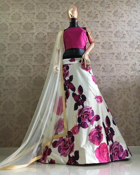 White floral printed zari satin lehenga choli