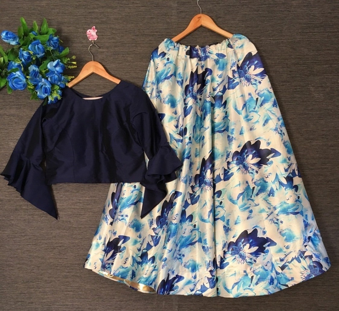 White flower printed crop top lehenga