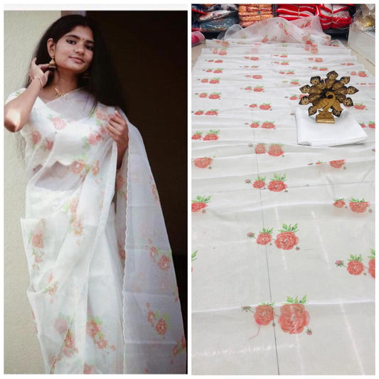 White flower printed organza saree