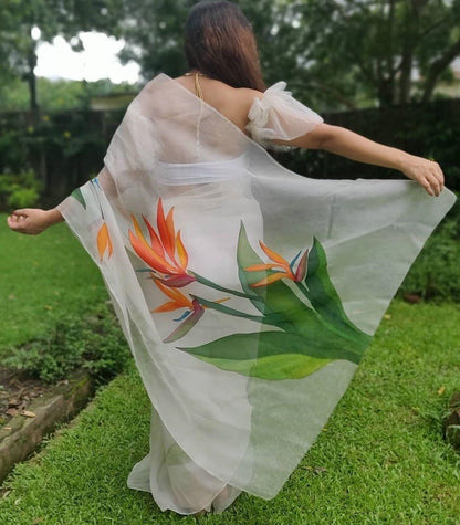 White flower printed organza saree