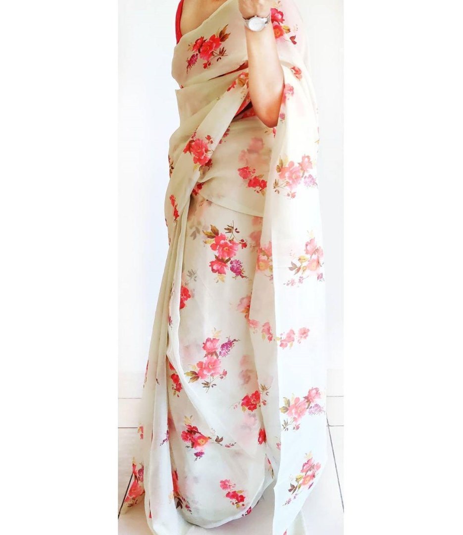 White flower printed organza saree