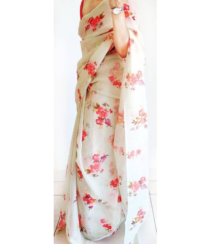 White flower printed organza saree