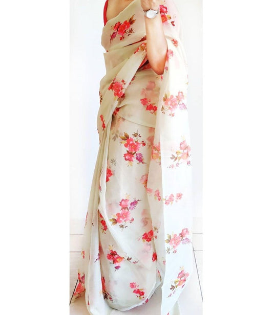 White flower printed organza saree