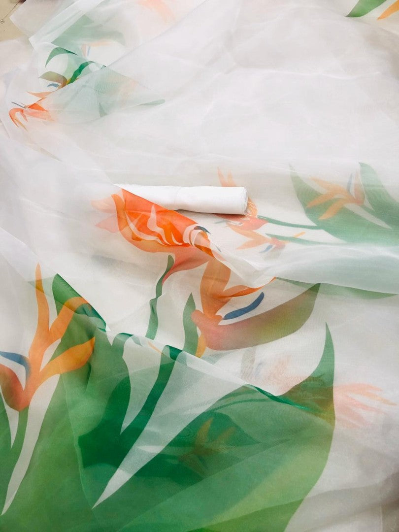 White flower printed organza saree