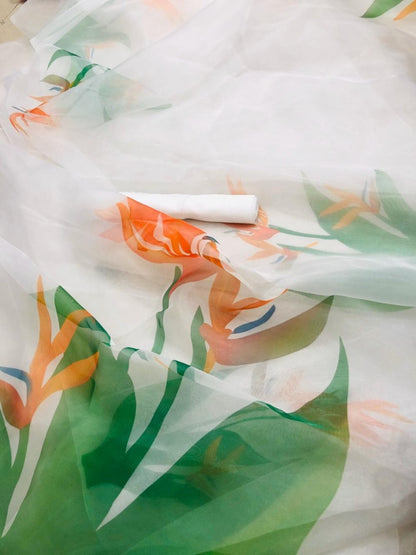 White flower printed organza saree
