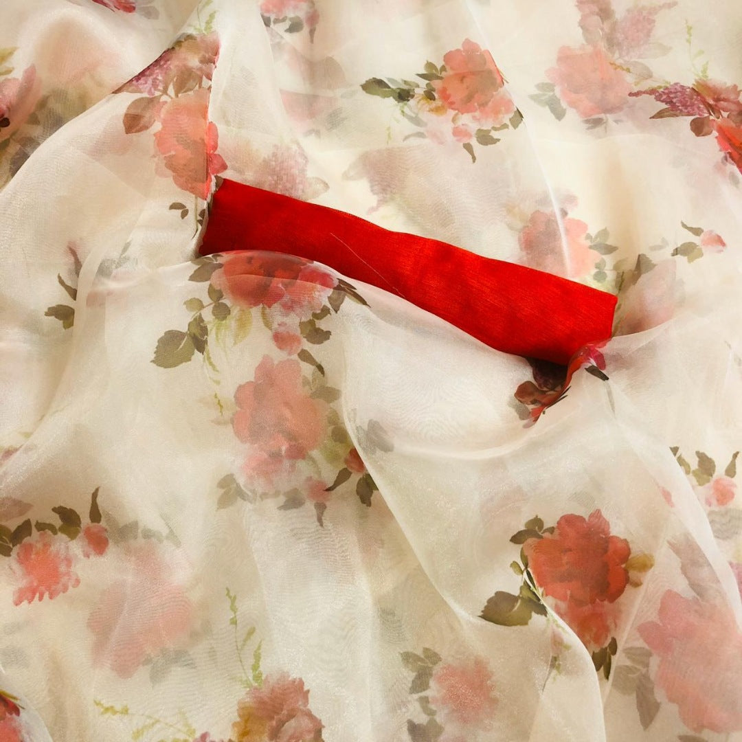 White flower printed organza saree