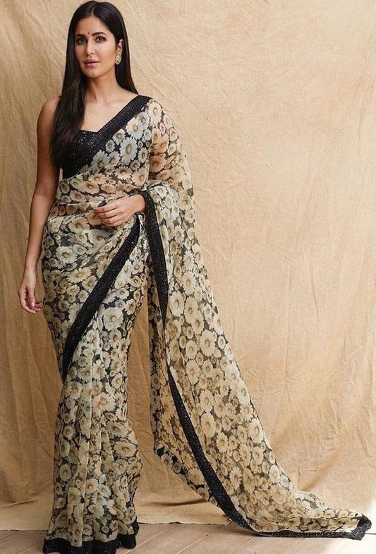 White flower printed pure orgenza designer saree with sequence work blouse