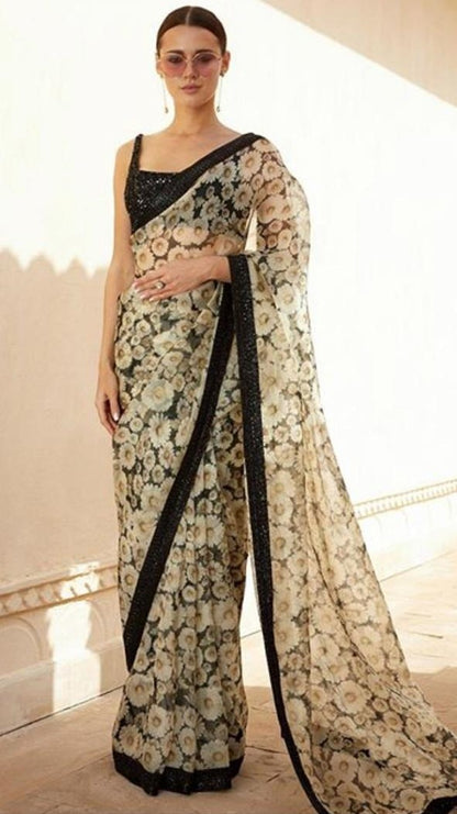 White flower printed pure orgenza designer saree with sequence work blouse