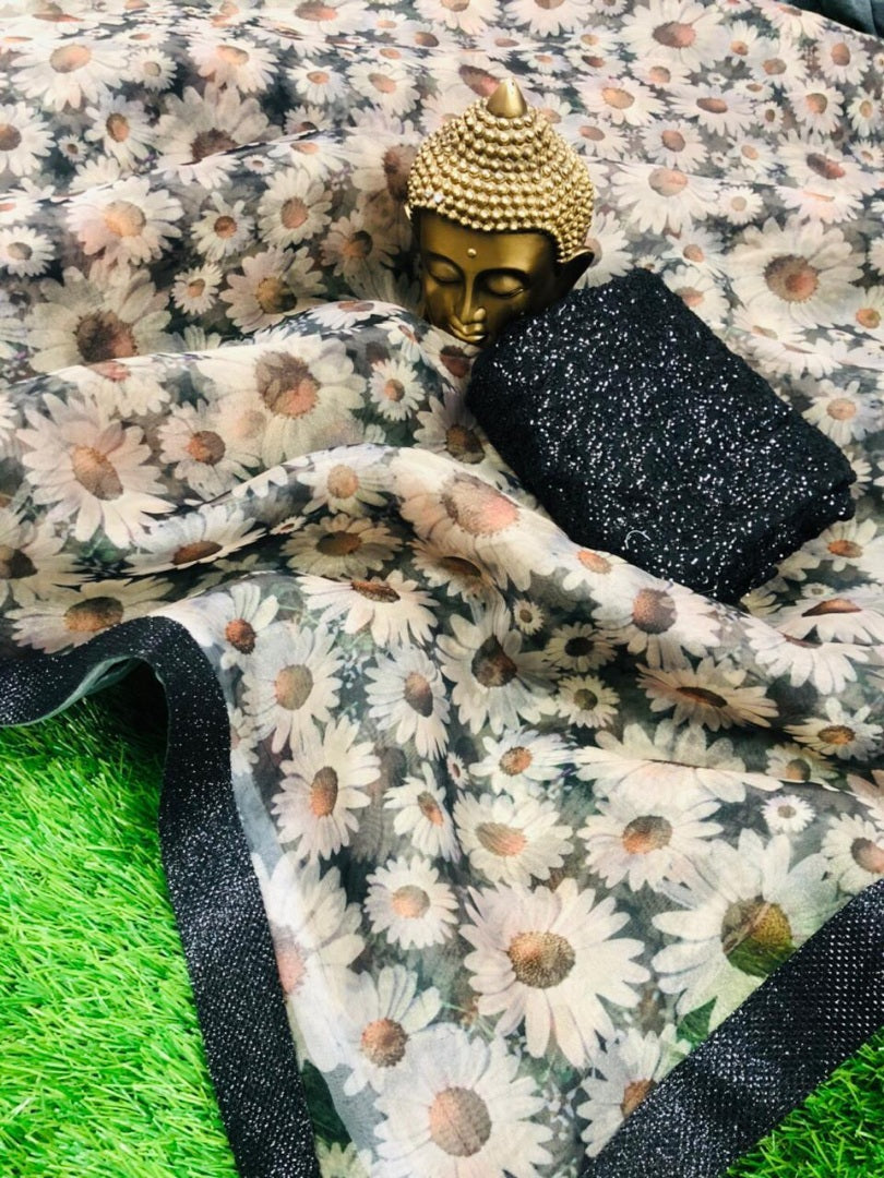 White flower printed pure orgenza designer saree with sequence work blouse