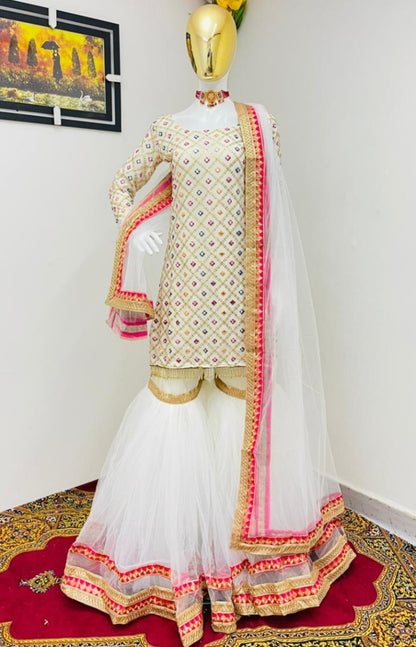 White fox georgette sequence embroidered work sharara plazzo suit