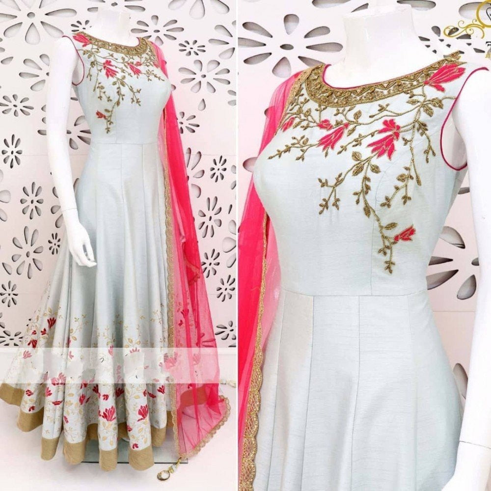 White fusing covered banglori silk embroidered gown