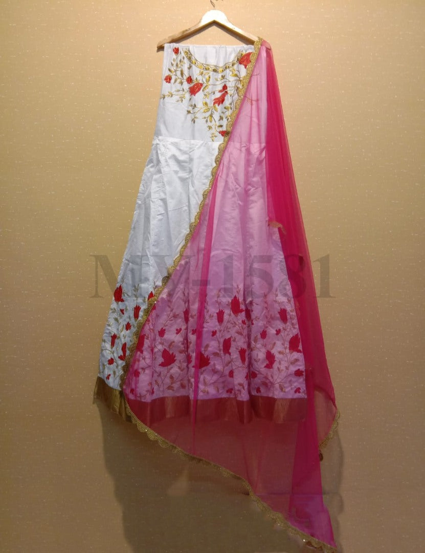 White fusing covered banglori silk embroidered gown