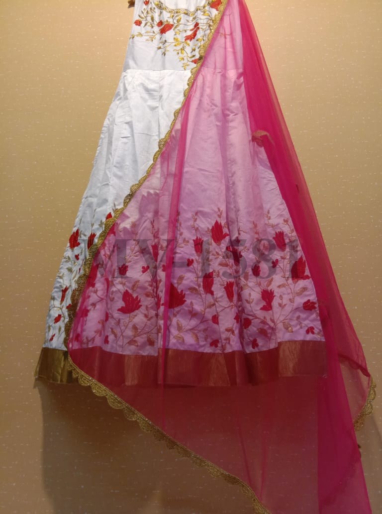 White fusing covered banglori silk embroidered gown