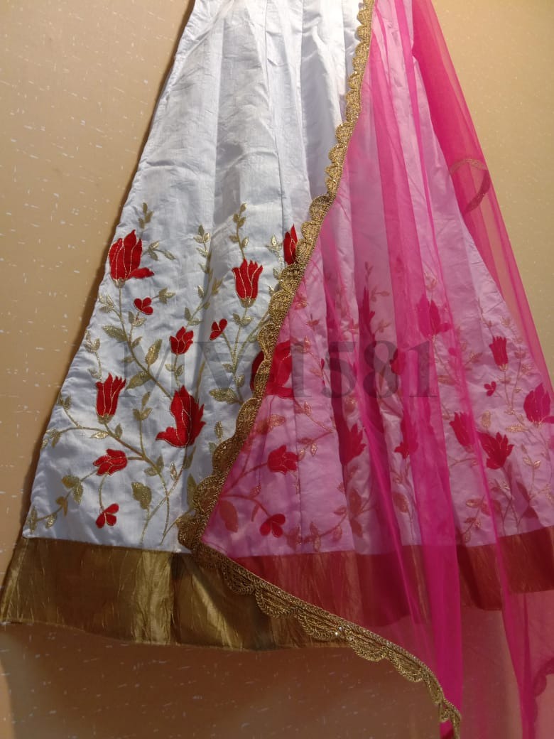 White fusing covered banglori silk embroidered gown