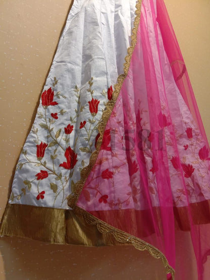 White fusing covered banglori silk embroidered gown
