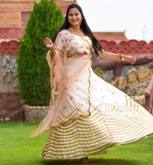 white fusing japan satin embroidered wedding lehenga