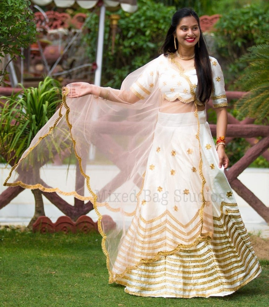 white fusing japan satin embroidered wedding lehenga