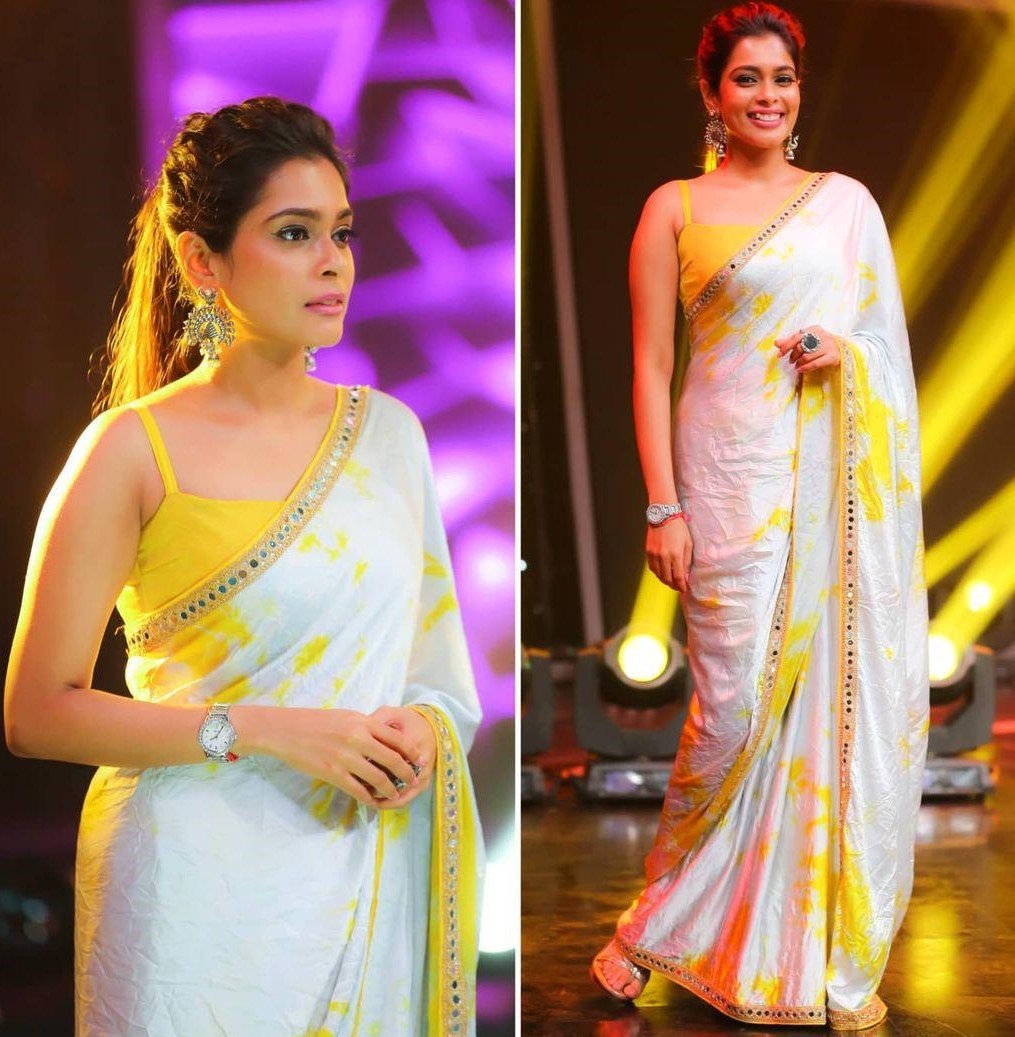 White gaji silk original mirror border handprinted work saree