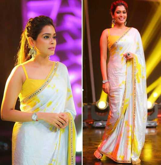 White gaji silk original mirror border handprinted work saree