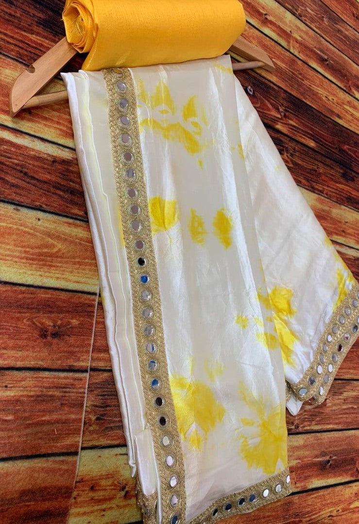 White gaji silk original mirror border handprinted work saree