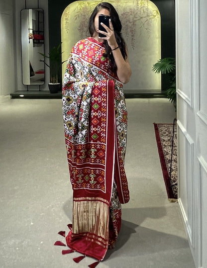 White gaji silk patola print saree