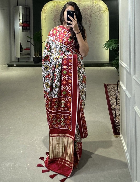 White gaji silk patola print saree