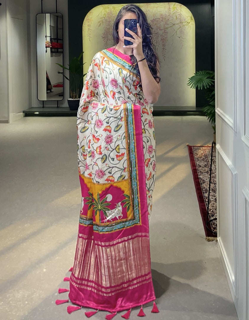 White gaji silk patola print saree