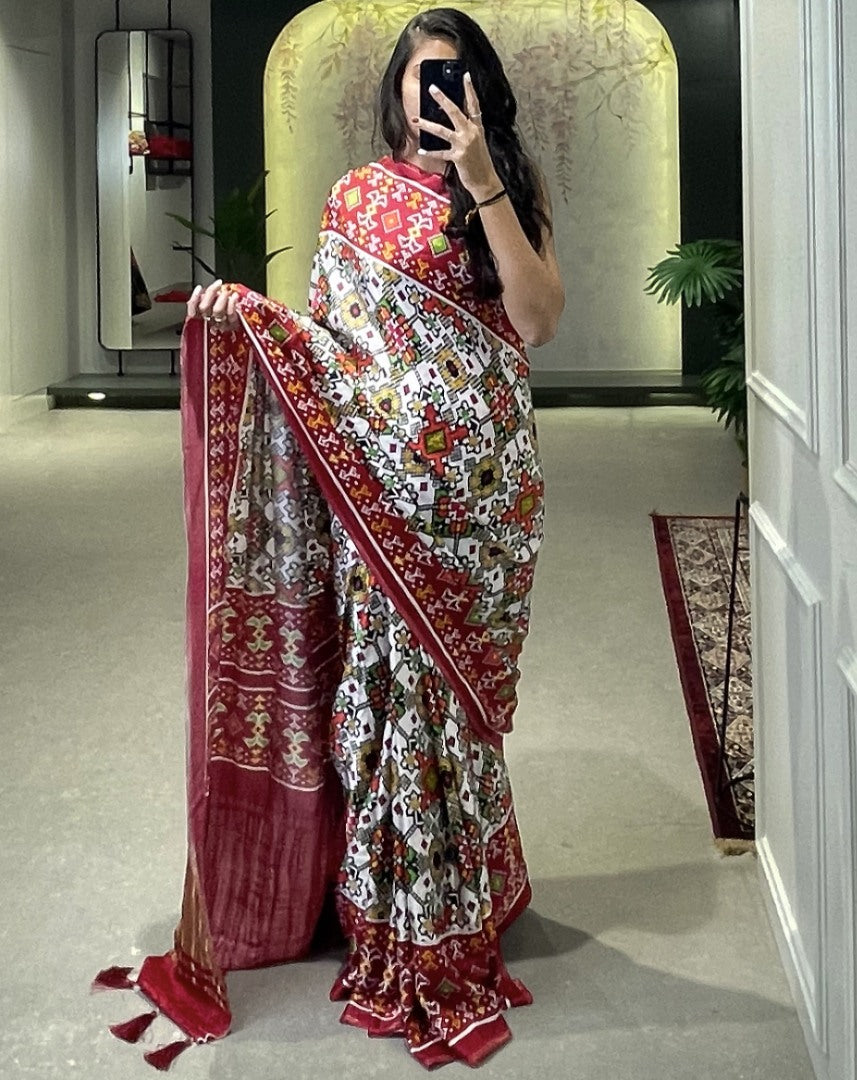 White gaji silk patola print saree