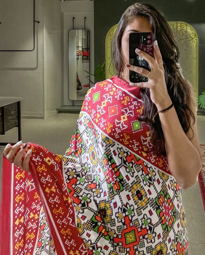 White gaji silk patola print saree