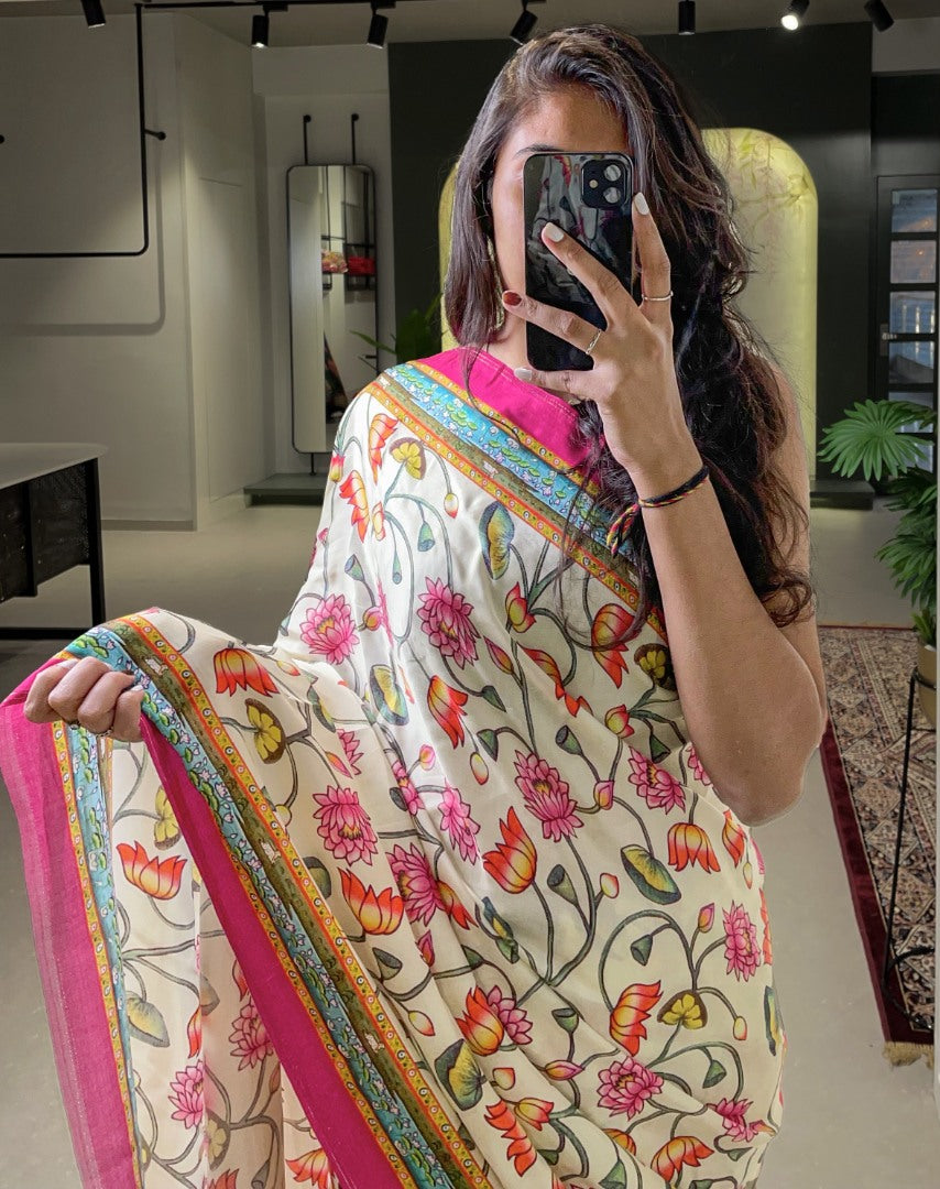 White gaji silk patola print saree