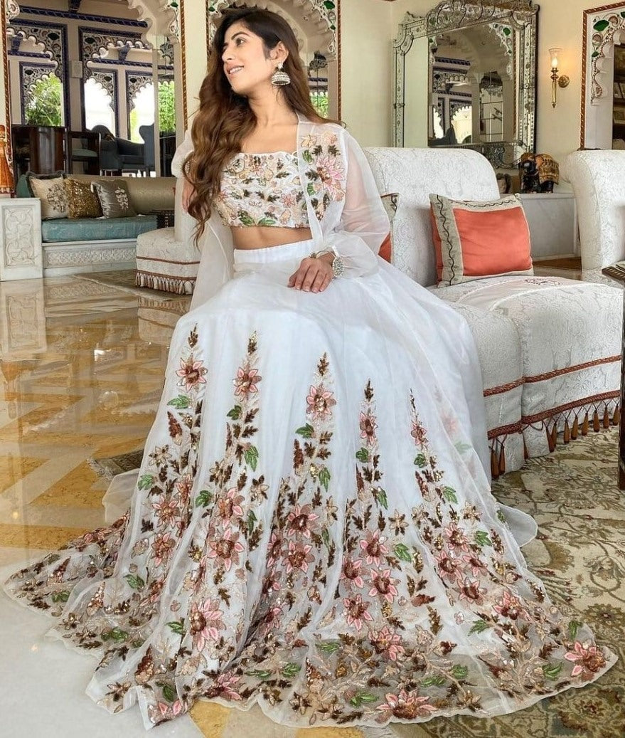 White geogette heavy thread embroidered lehenga choli