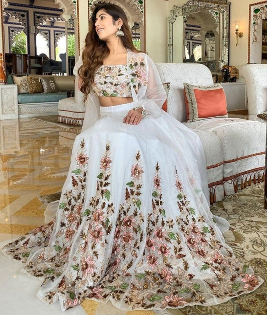 White geogette heavy thread embroidered lehenga choli