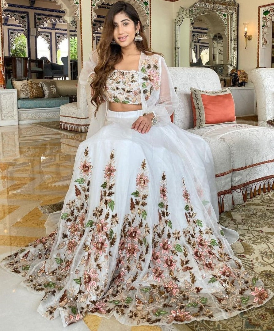 White geogette heavy thread embroidered lehenga choli