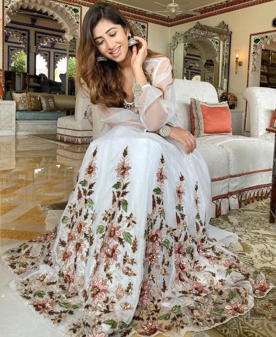 White geogette heavy thread embroidered lehenga choli