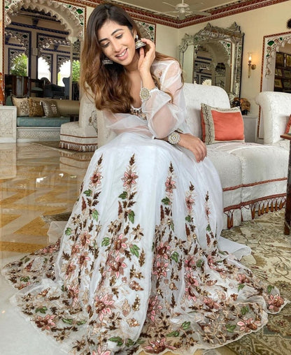 White geogette heavy thread embroidered lehenga choli