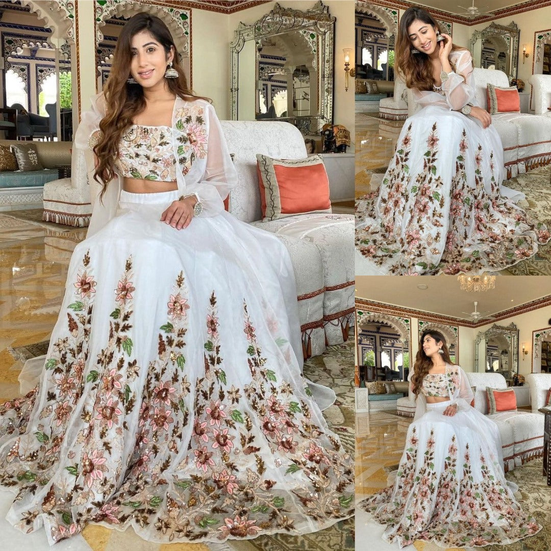 White geogette heavy thread embroidered lehenga choli