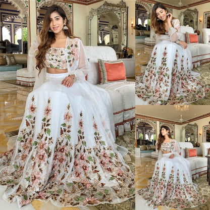 White geogette heavy thread embroidered lehenga choli
