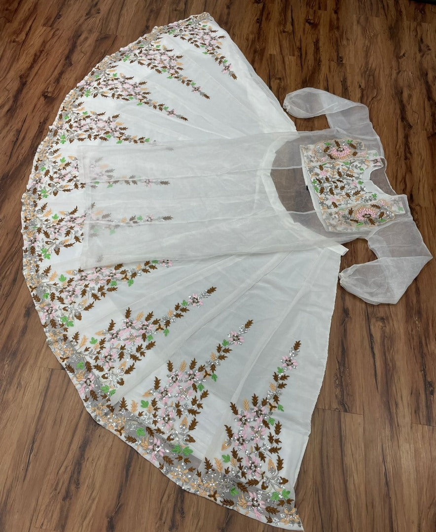 White geogette heavy thread embroidered lehenga choli