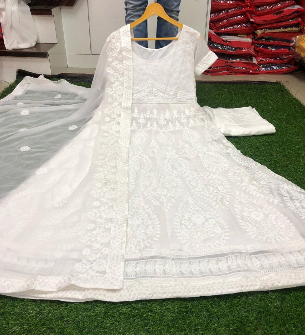 White georgette aari worked stylist anarkali suit