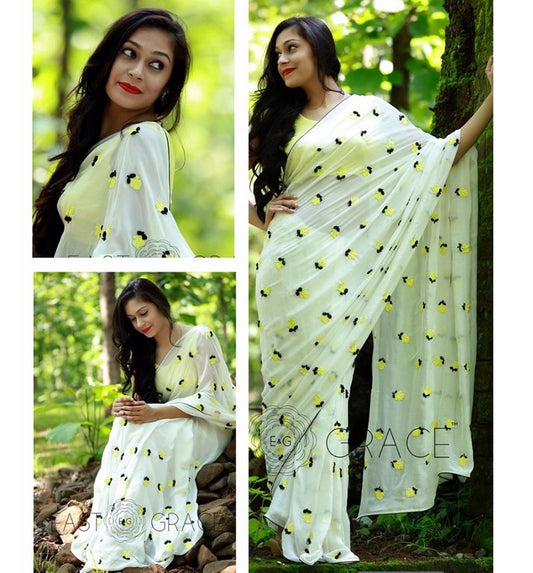 White georgette beautiful embroidered stylist saree