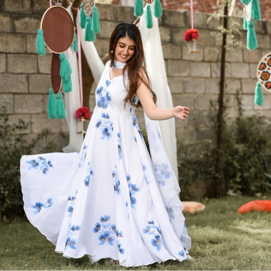 white georgette beautiful printed casual wear anarkali suit