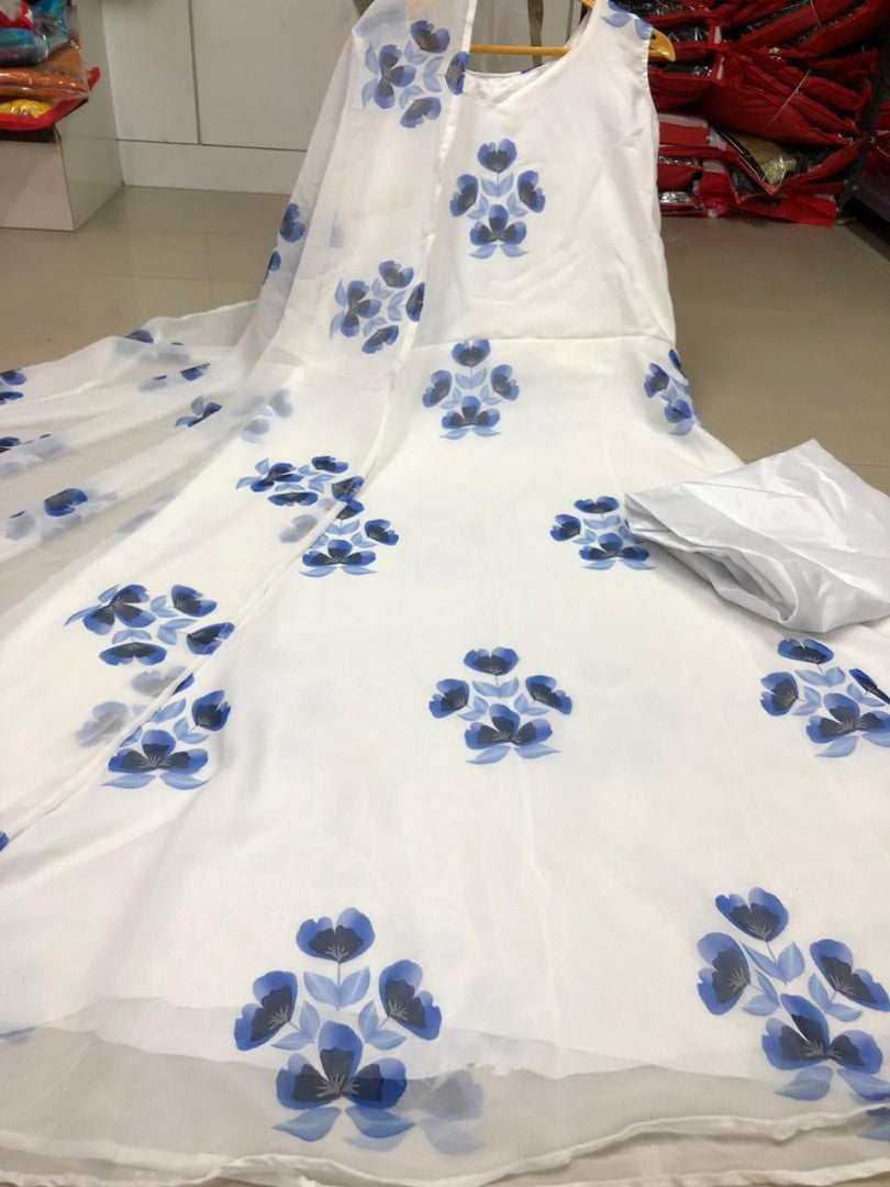 white georgette beautiful printed casual wear anarkali suit