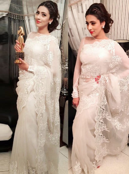 white georgette bember beautiful white embroidered ceremonial saree