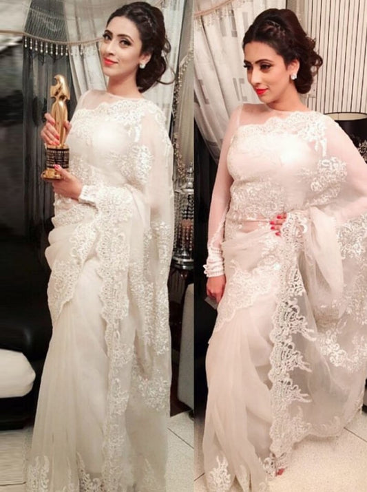 white georgette bember beautiful white embroidered ceremonial saree