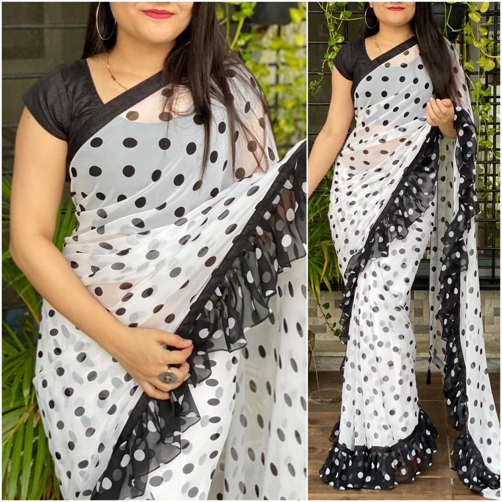 White georgette black dot printed ruffle border saree