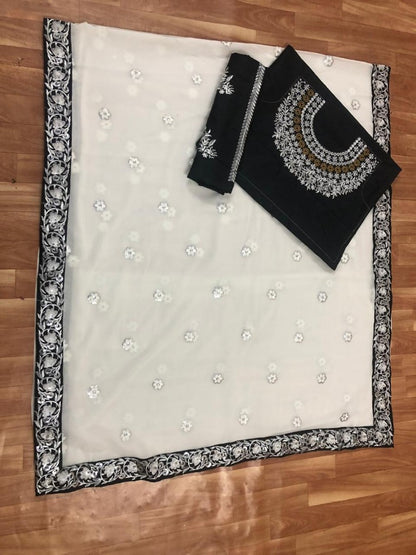 white georgette bollywood saree with designer embroidered blouse