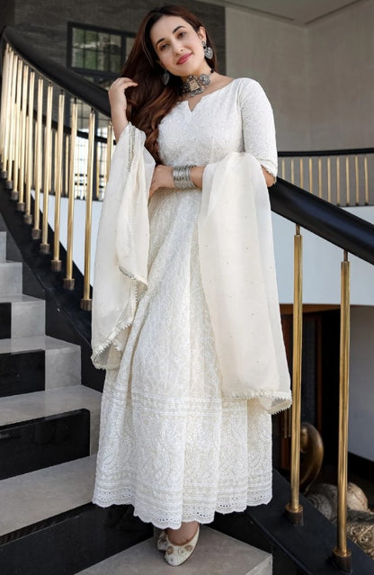 White georgette chain stich anarkali gown